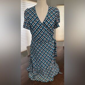 Diane Von Furstenberg Classic Avaya Geometric Blue Wrap Dress - Large L
